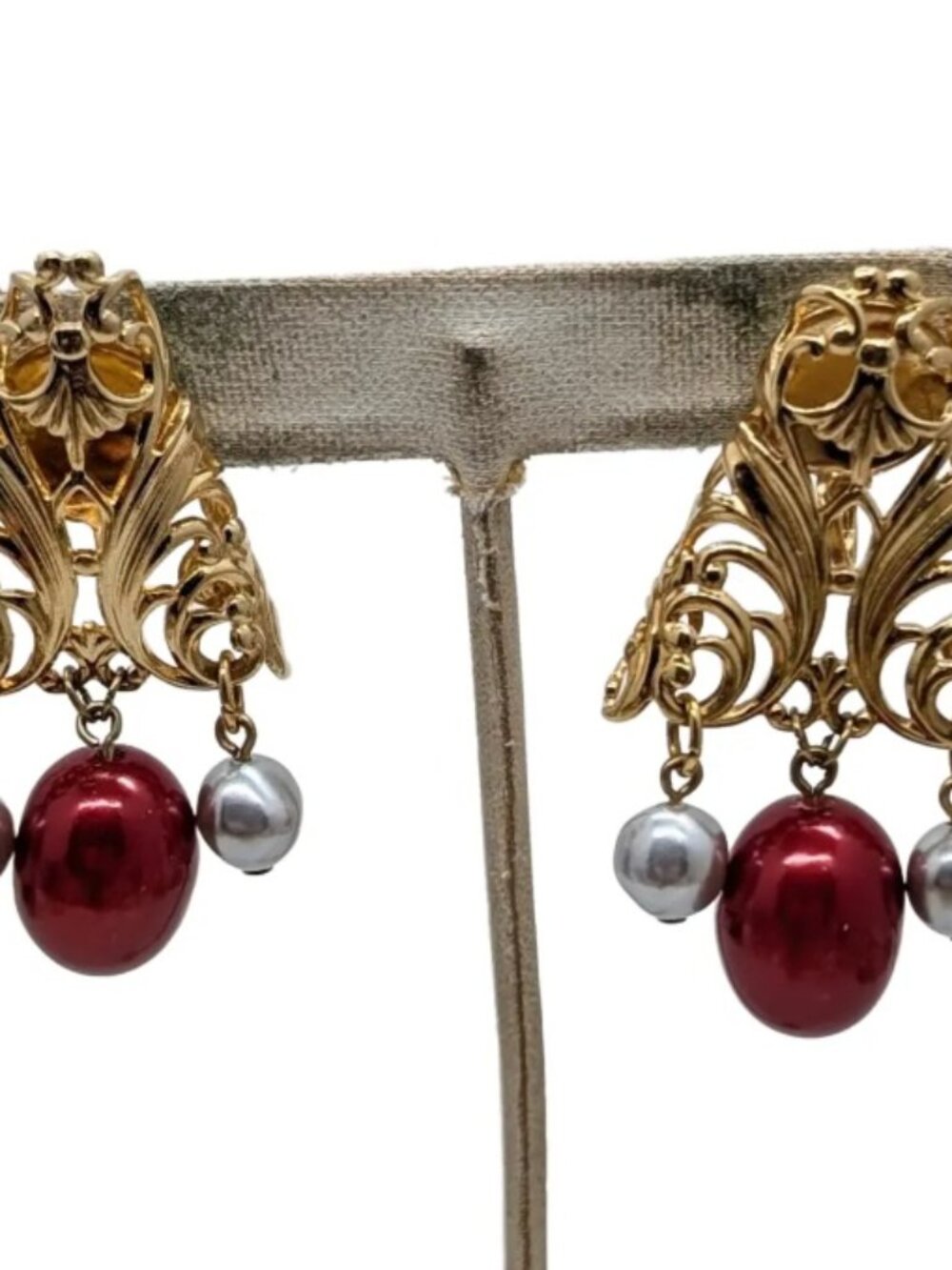 Vintage 1985 Signed Napier Goldtone Red & Grey Faux-Pearl Dangles Pierced Earrin